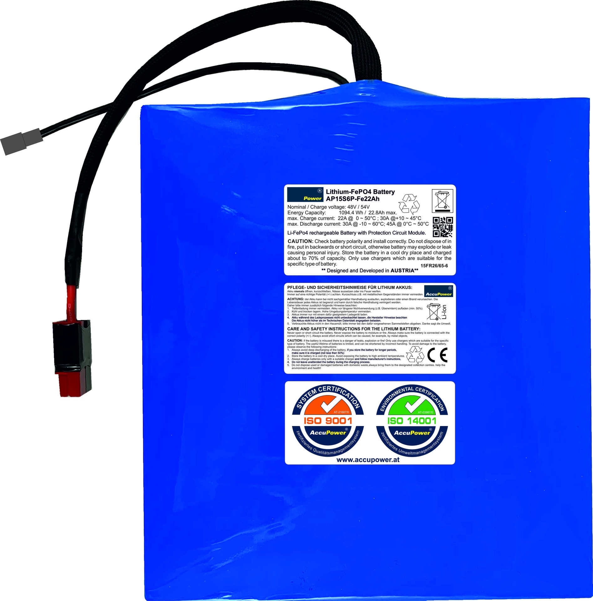 AccuPower LiFePO4 Akku 15S6P 48V 22,8Ah 1094.4Wh mit Schnittstelle